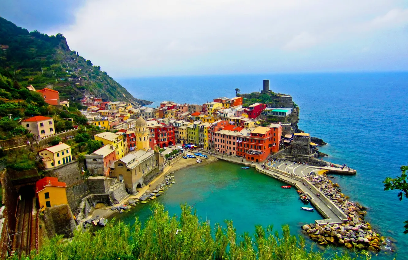 Photo wallpaper sea, the city, photo, coast, home, Italy, top, Cinque Terre