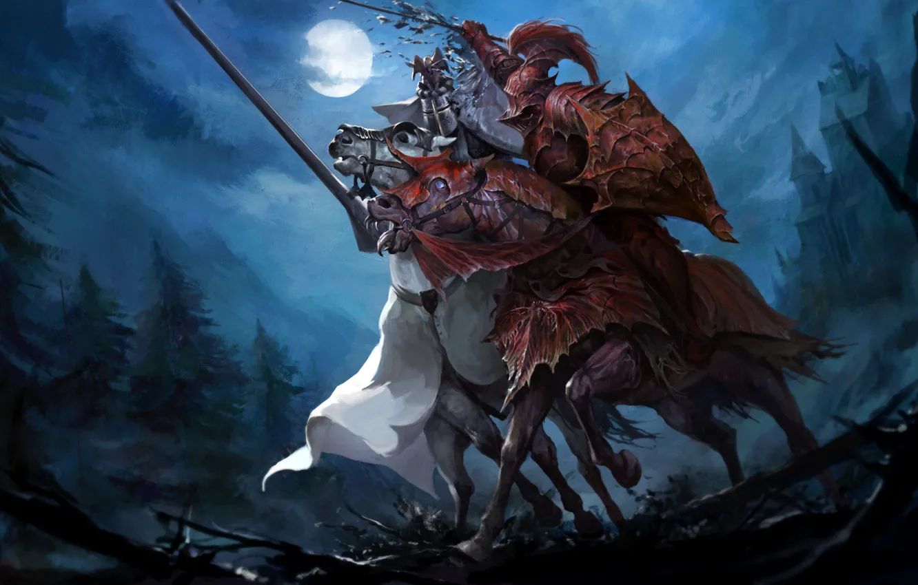 Photo wallpaper moon, fantasy, forest, armor, trees, night, horses, battle