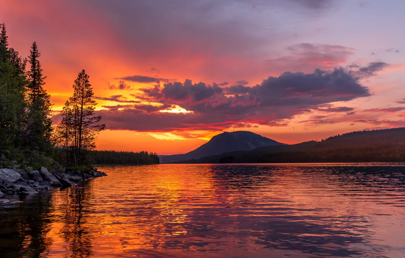 Photo wallpaper sunset, mountain, lake