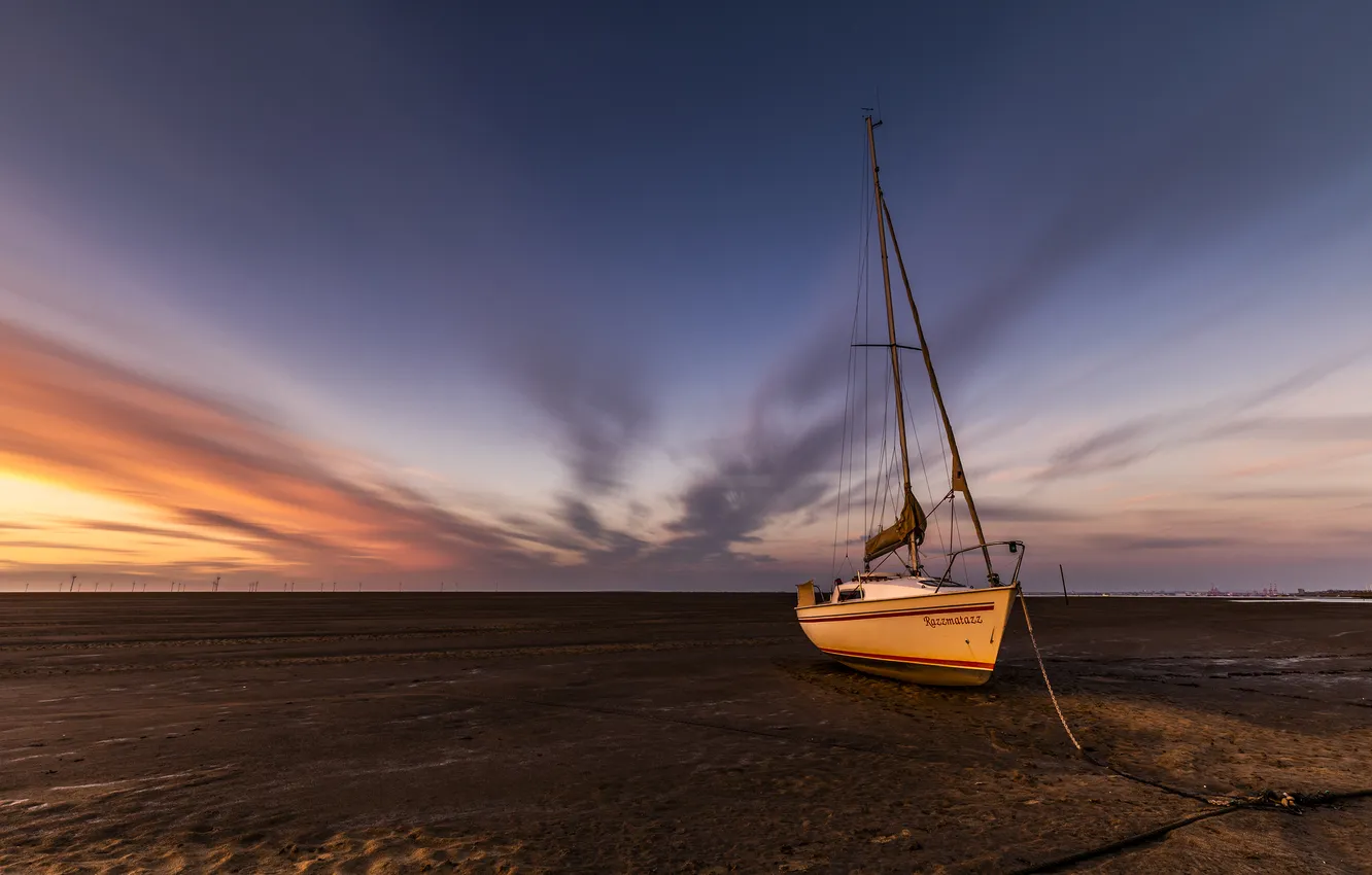 Photo wallpaper the sky, clouds, light, sunset, shore, boat, the evening, sailing