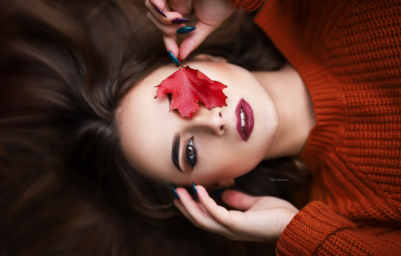 Photo wallpaper autumn, leaves, girl, hair, lies, Maxim Romanov, Sasha Okhotskiy
