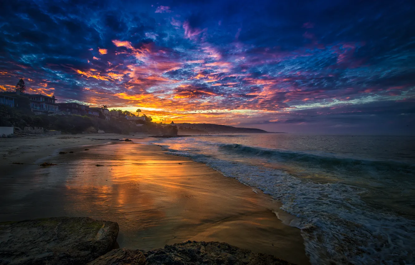 Photo wallpaper sea, beach, clouds, sunrise, home, Bay, morning