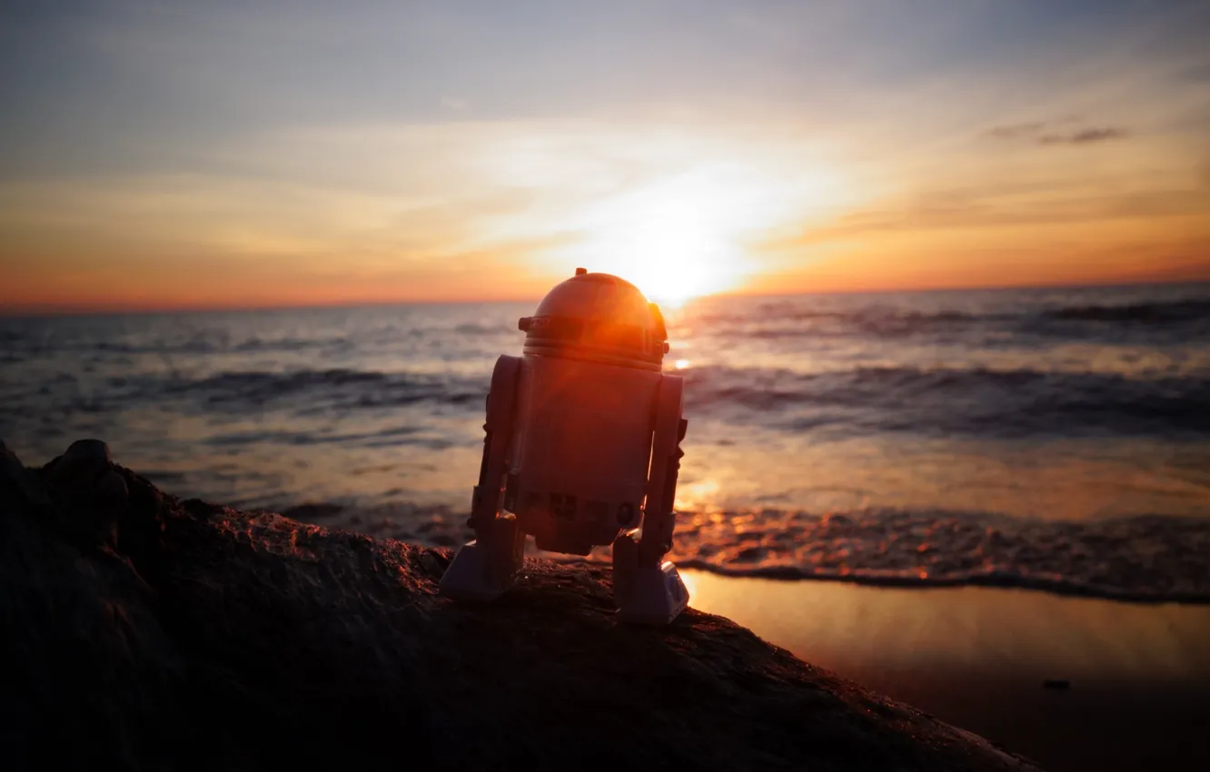 Photo wallpaper sea, the sky, dawn, robot, Star Wars, R2-D2