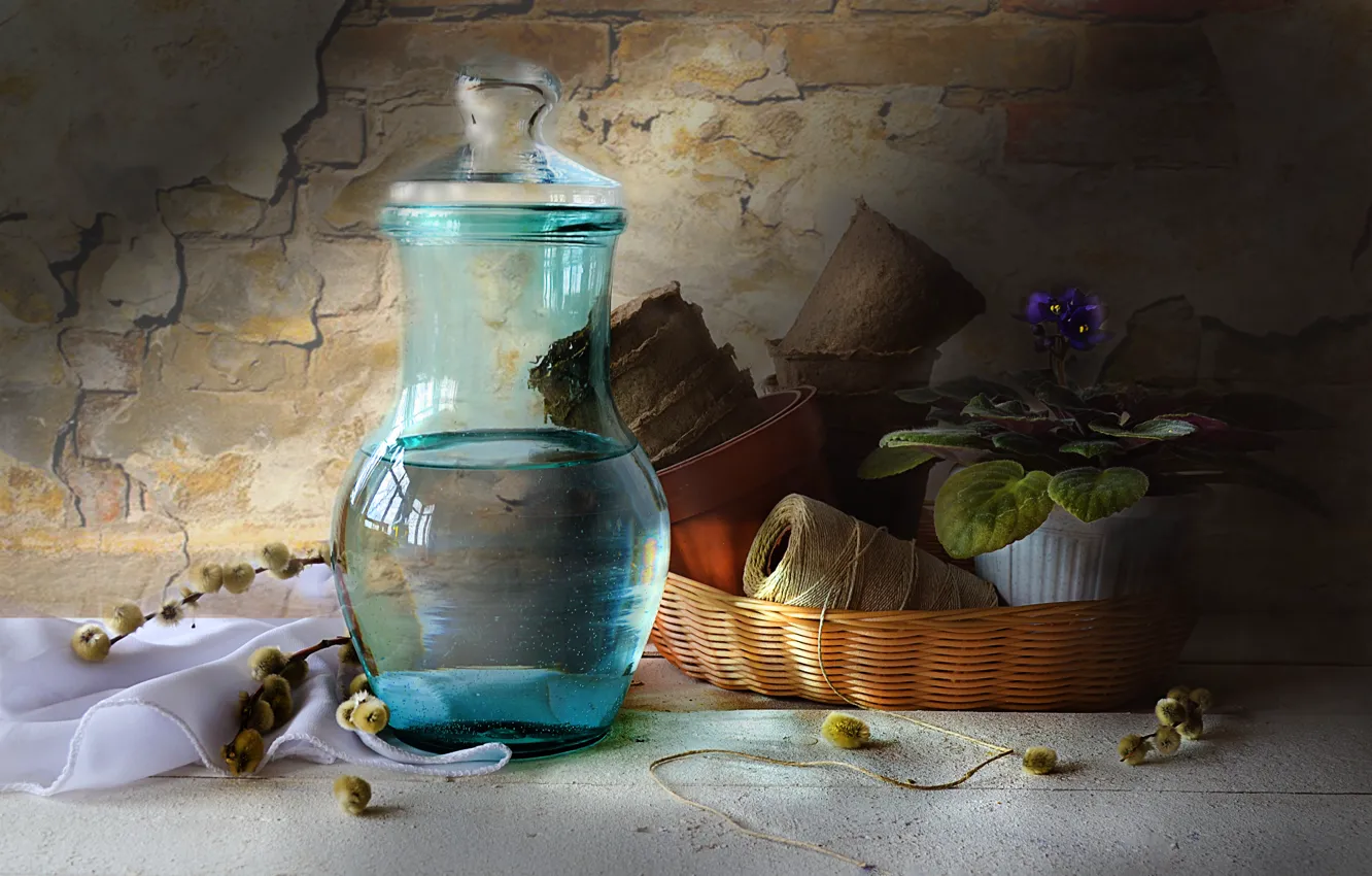 Photo wallpaper flower, basket, pitcher, still life, pots, Verba, violet