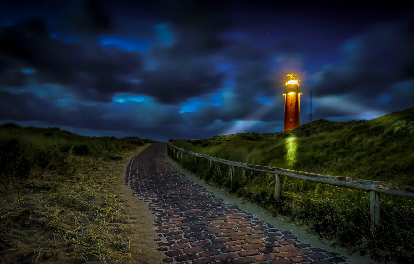 Photo wallpaper road, night, lighthouse