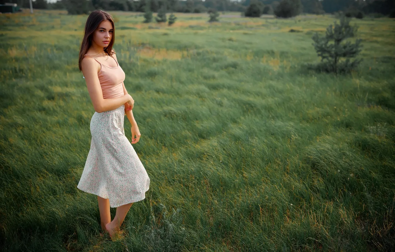Photo wallpaper girl, grass, field, nature, barefoot, model, brunette, skirt