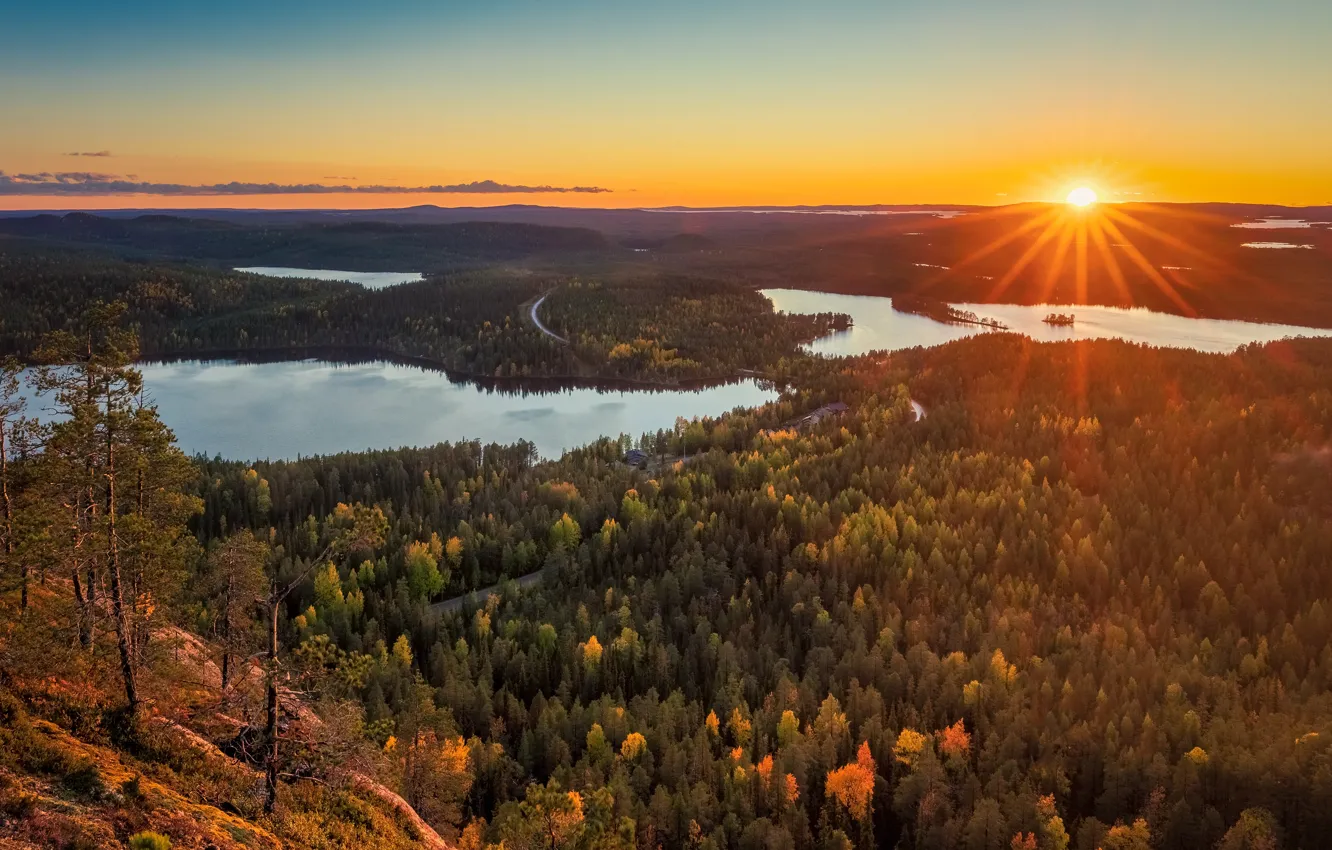 Photo wallpaper autumn, forest, the sky, the sun, rays, trees, sunset, mountains
