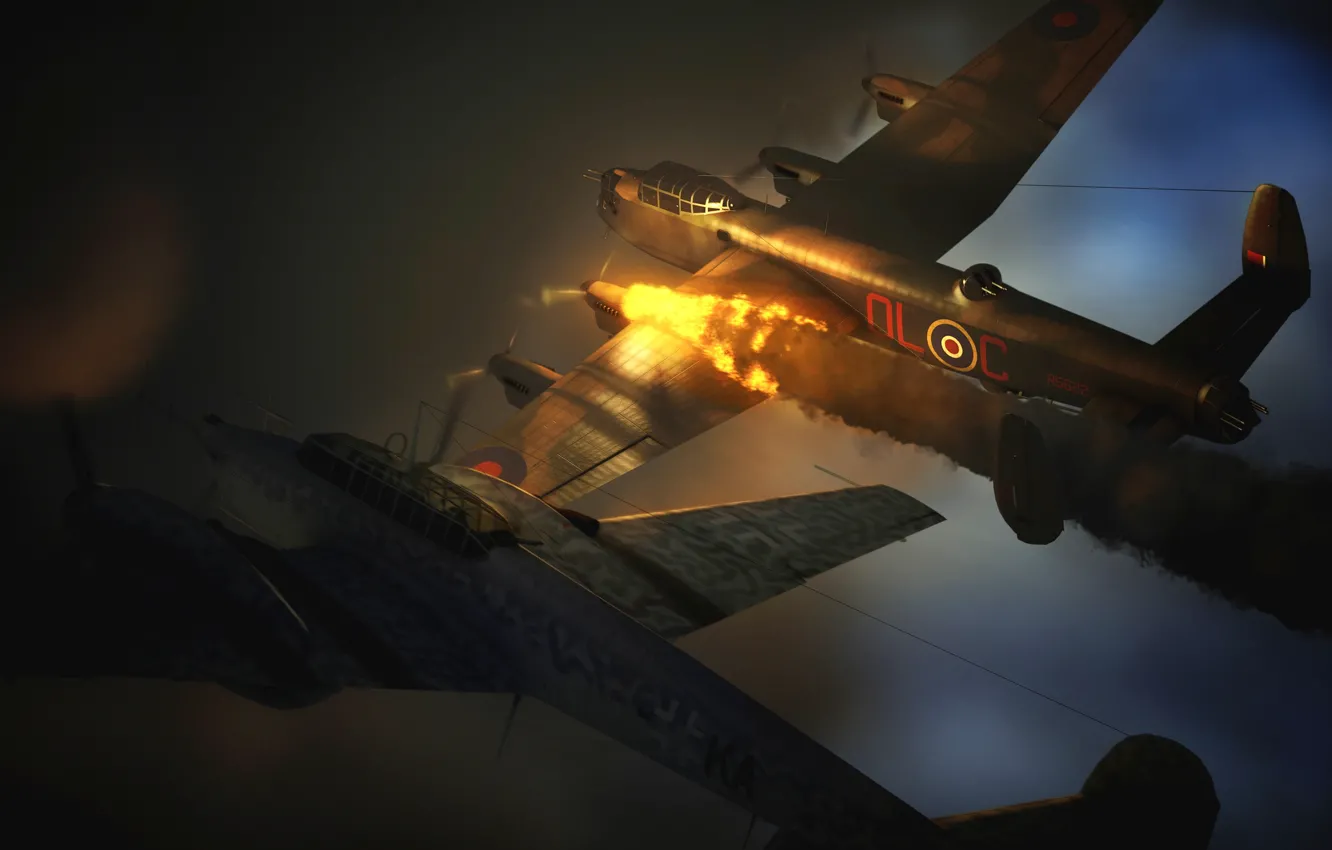 Photo wallpaper fire, flame, graphics, fighter, art, bomber, aircraft, British