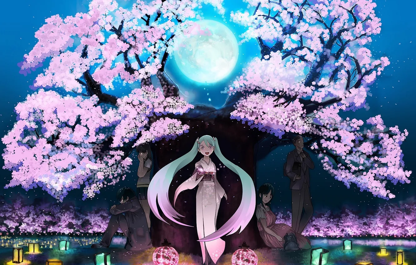 Photo wallpaper cat, girl, trees, night, the moon, people, petals, Sakura
