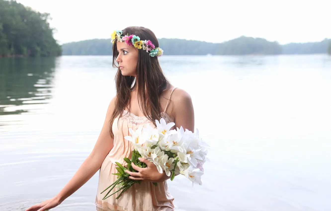 Photo wallpaper look, girl, flowers, lake