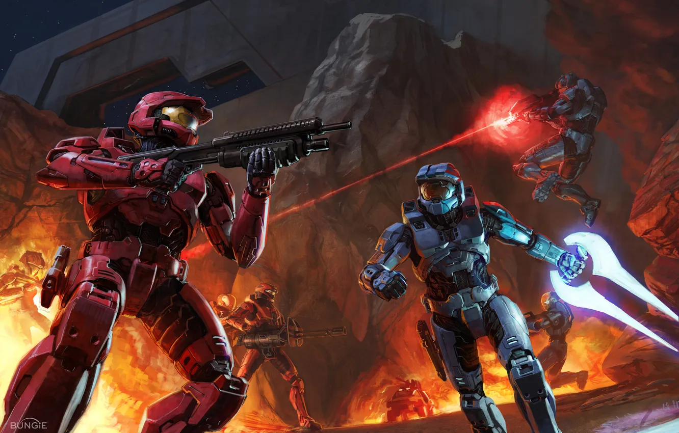 Photo wallpaper lights, weapons, rocks, shot, battle, soldiers, Halo, armor