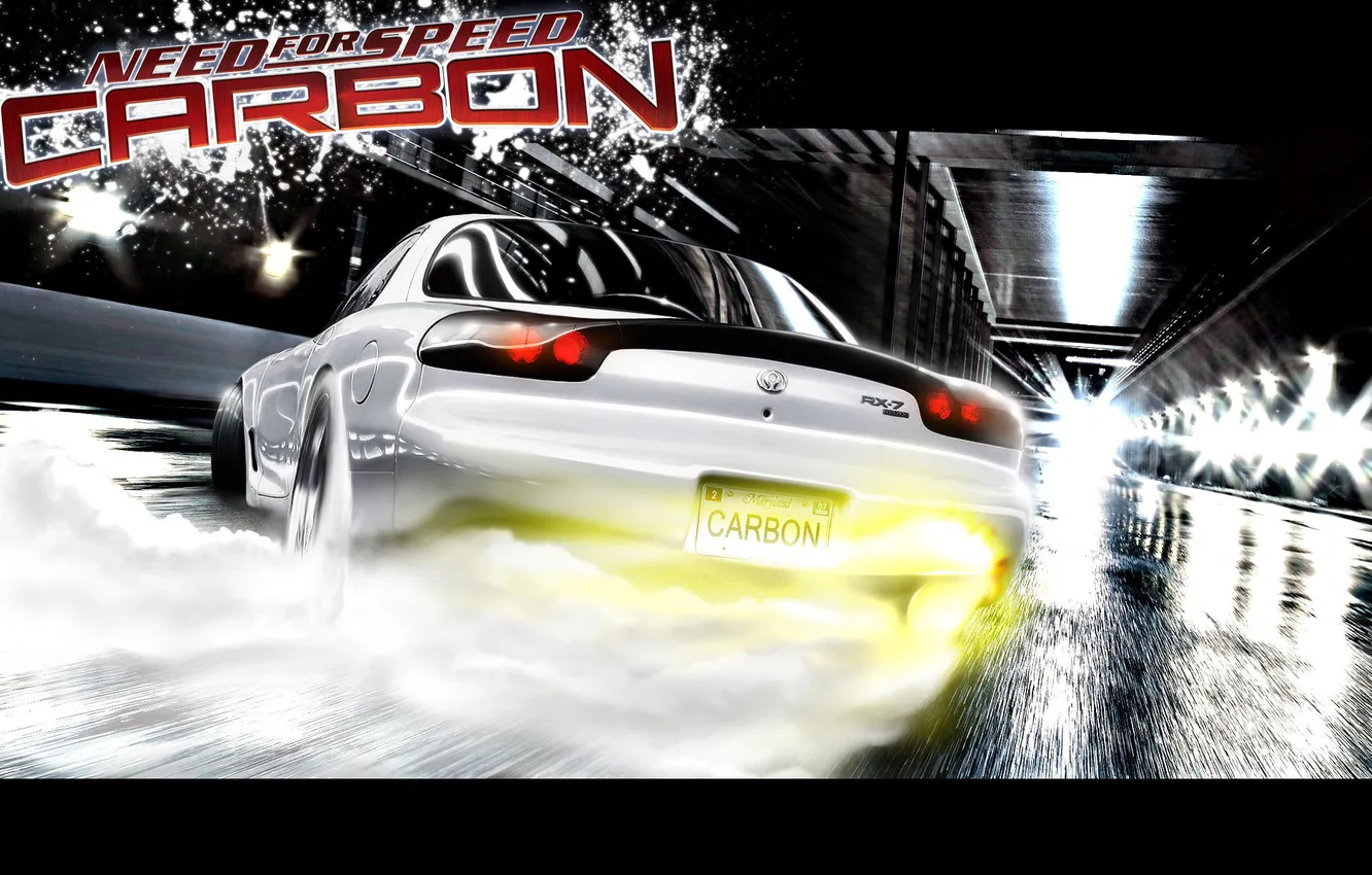 Photo wallpaper night, smoke, speed, NFS, Mazda RX-7, Need for Speed Carbon