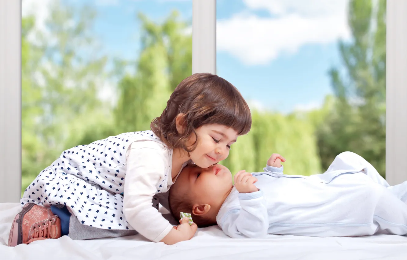 Photo wallpaper greens, smile, tenderness, window, girl, sill, baby
