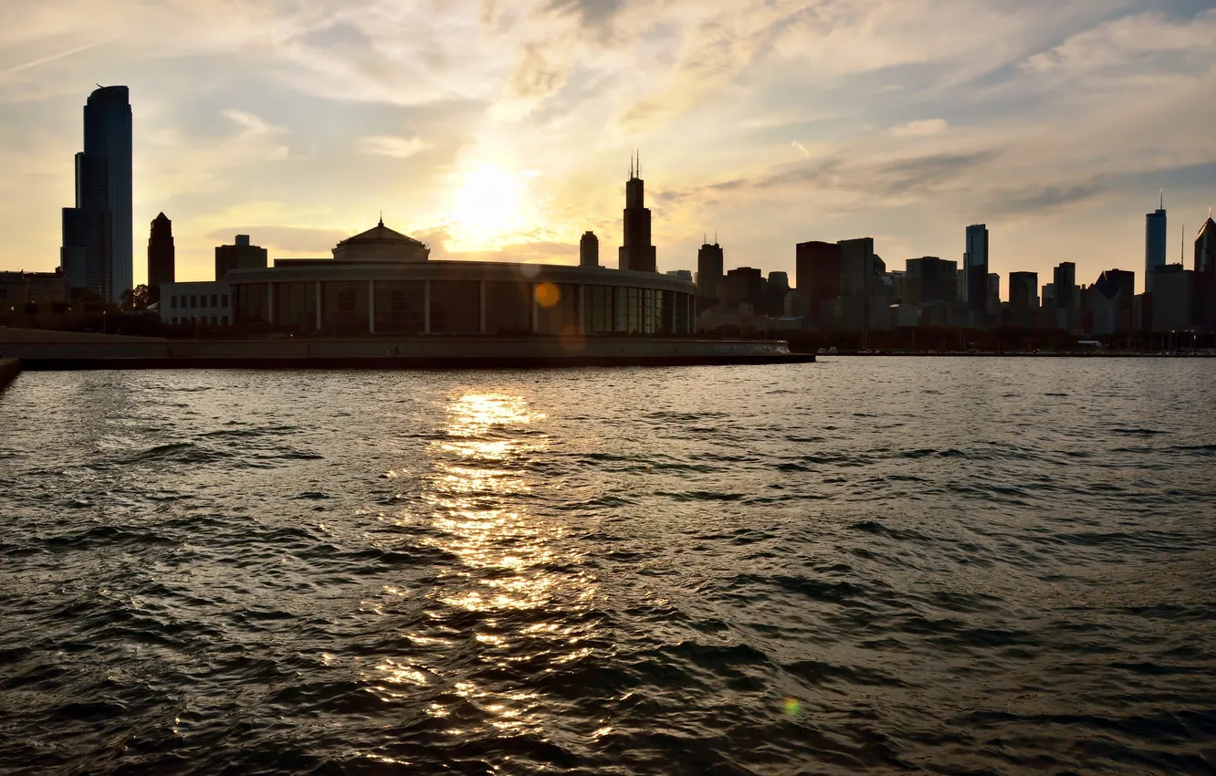 Photo wallpaper the city, dawn, skyscrapers, Chicago, Michigan