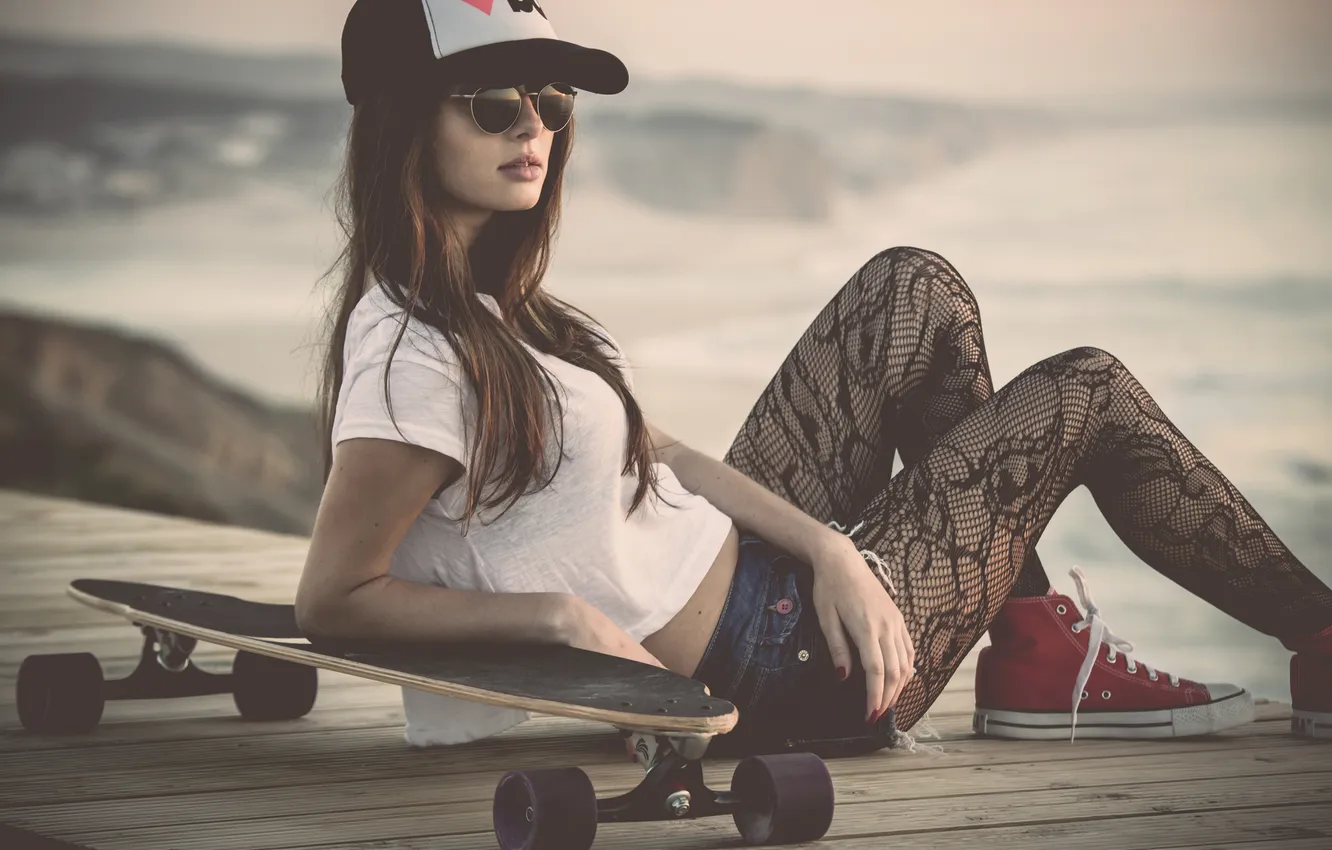 Photo wallpaper look, girl, shorts, sneakers, glasses, cap, tights, skateboard