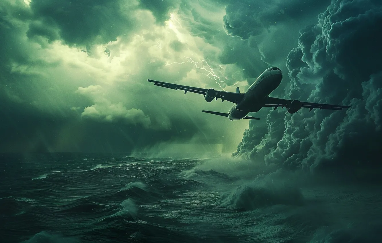 Photo wallpaper Water, Clouds, Sea, The plane, Lightning, Clouds, Hurricane, AI art