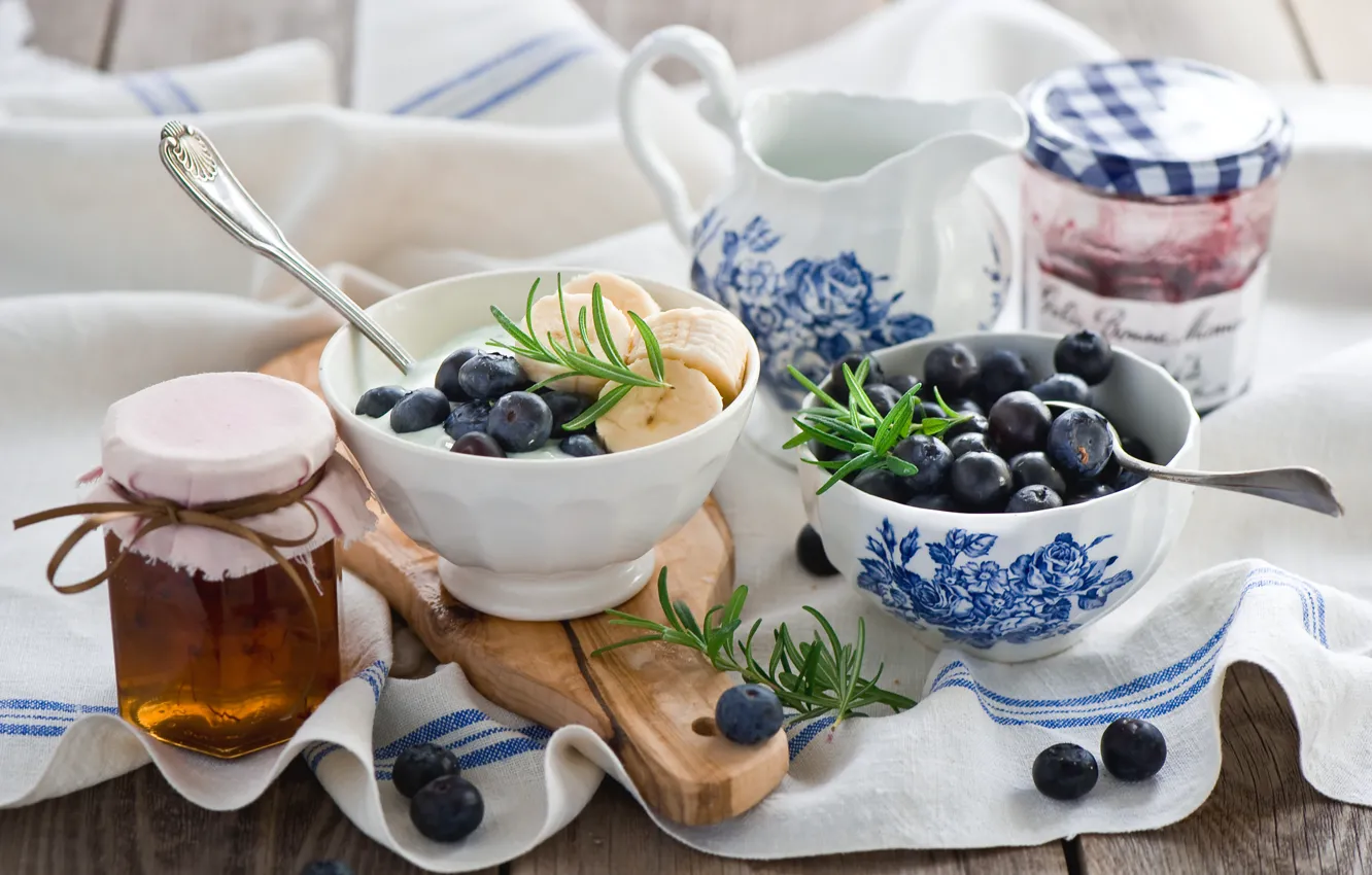 Photo wallpaper berries, Breakfast, blueberries, honey, bananas, honey, jam, Anna Verdina
