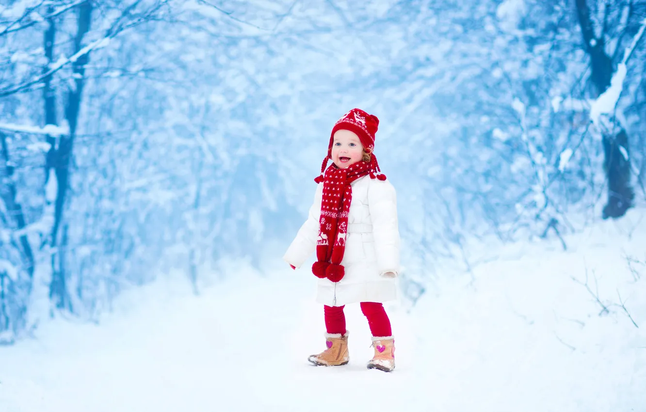 Photo wallpaper winter, snow, joy, sweetheart, child, jacket, girl