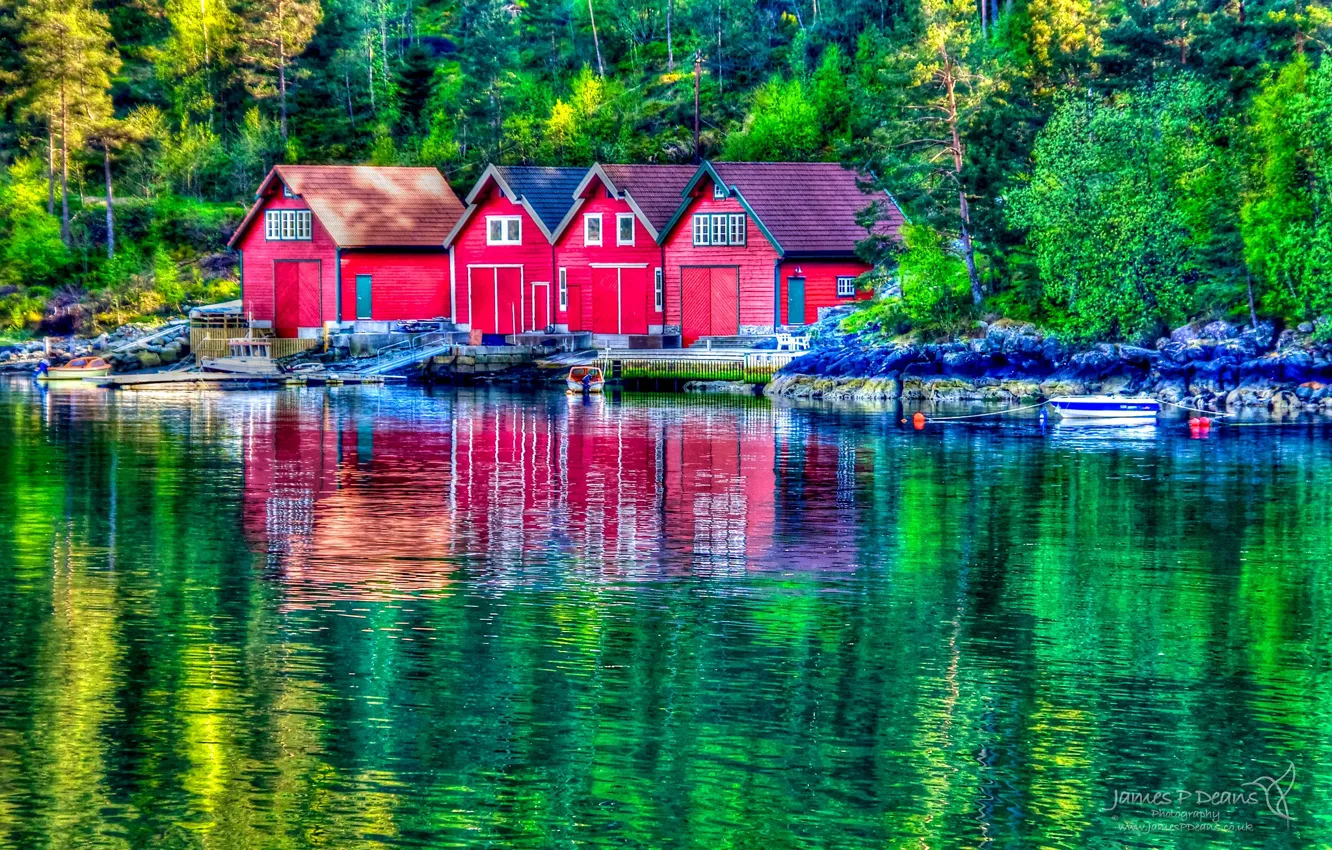 Photo wallpaper autumn, surface, trees, vigor, reflection, river, paint, house