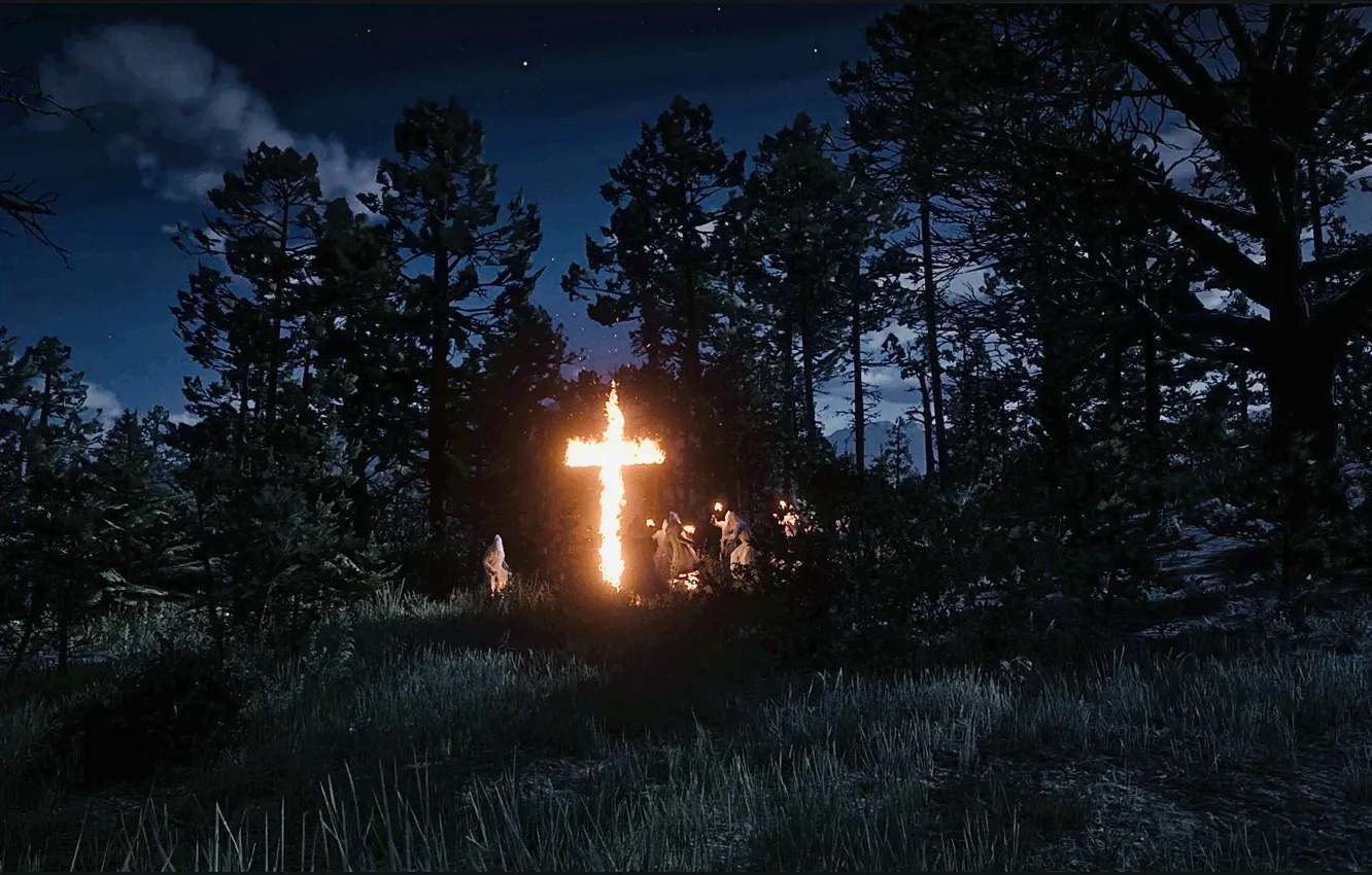 Photo wallpaper HDR, fire, game, sky, wood, cross, clouds, stars