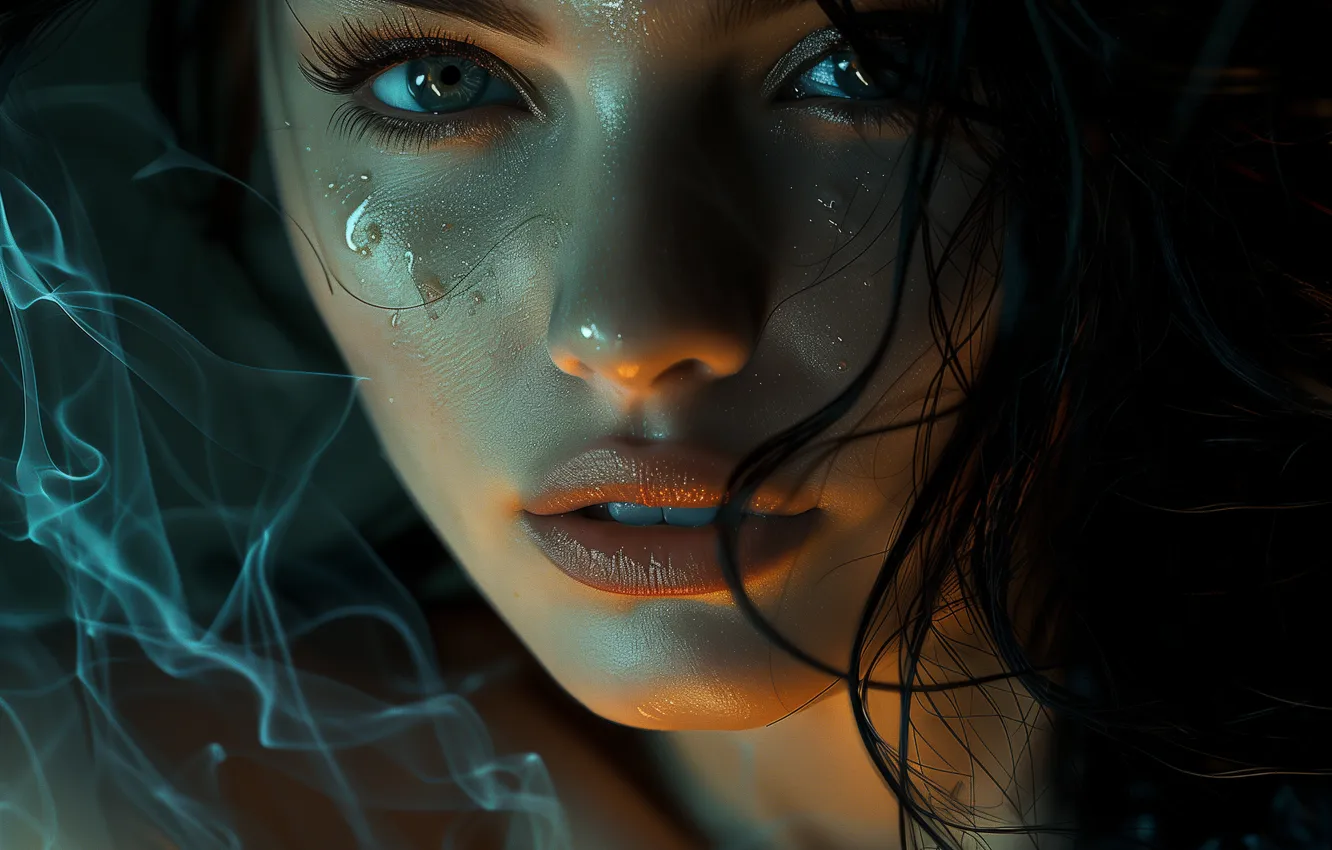 Photo wallpaper look, water, girl, drops, light, line, face, eyelashes