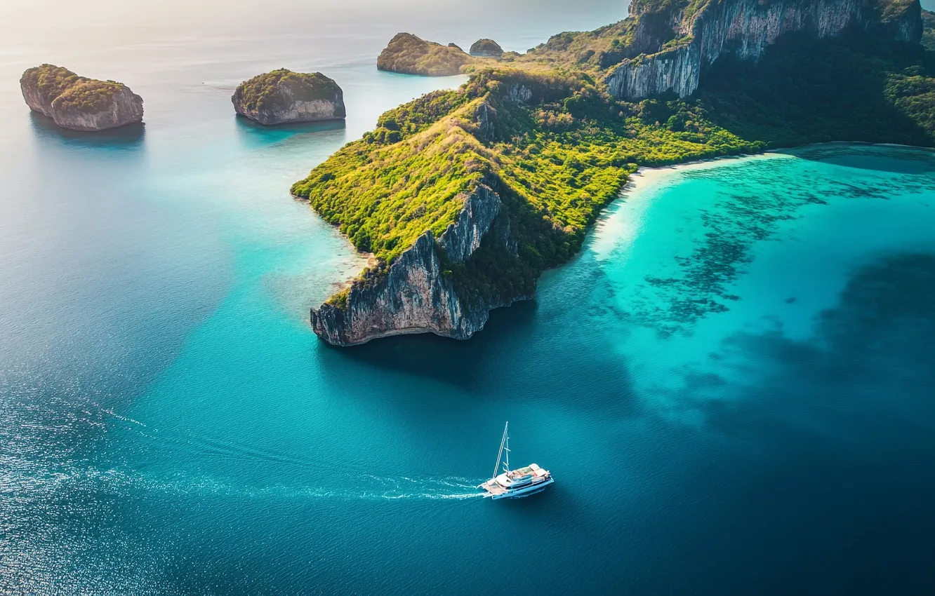 Photo wallpaper sea, mountains, tropics, the ocean, rocks, shore, vegetation, ship