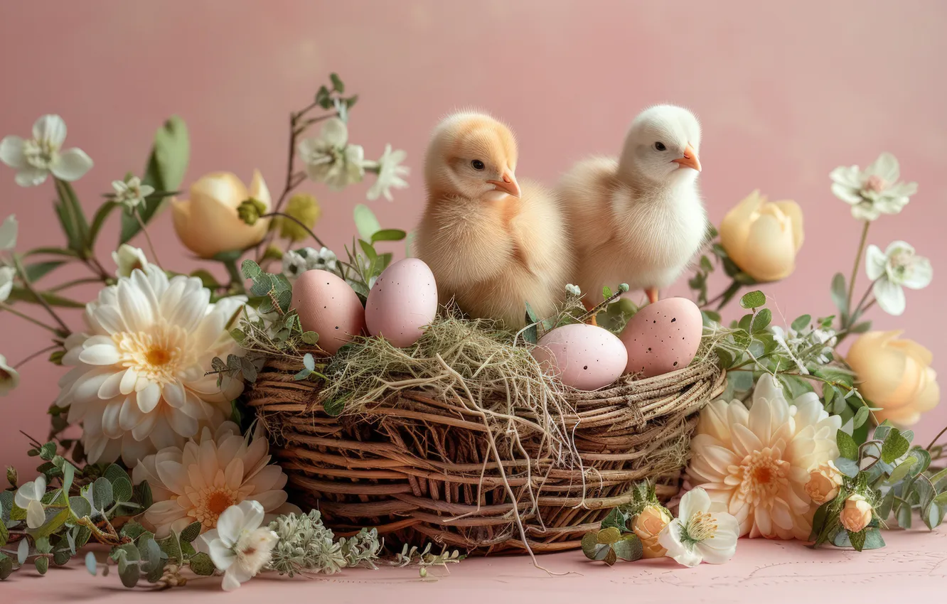 Photo wallpaper flowers, holiday, chickens, eggs, spring, Easter, chicken, a couple