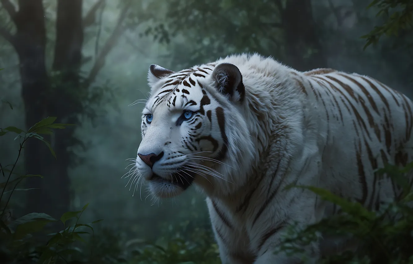 Photo wallpaper white, look, face, trees, nature, tiger, fog, thickets
