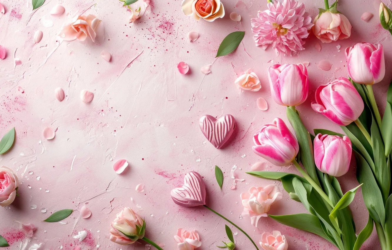 Photo wallpaper flowers, holiday, bouquet, spring, tulips, AI art, universal holiday background, neural network