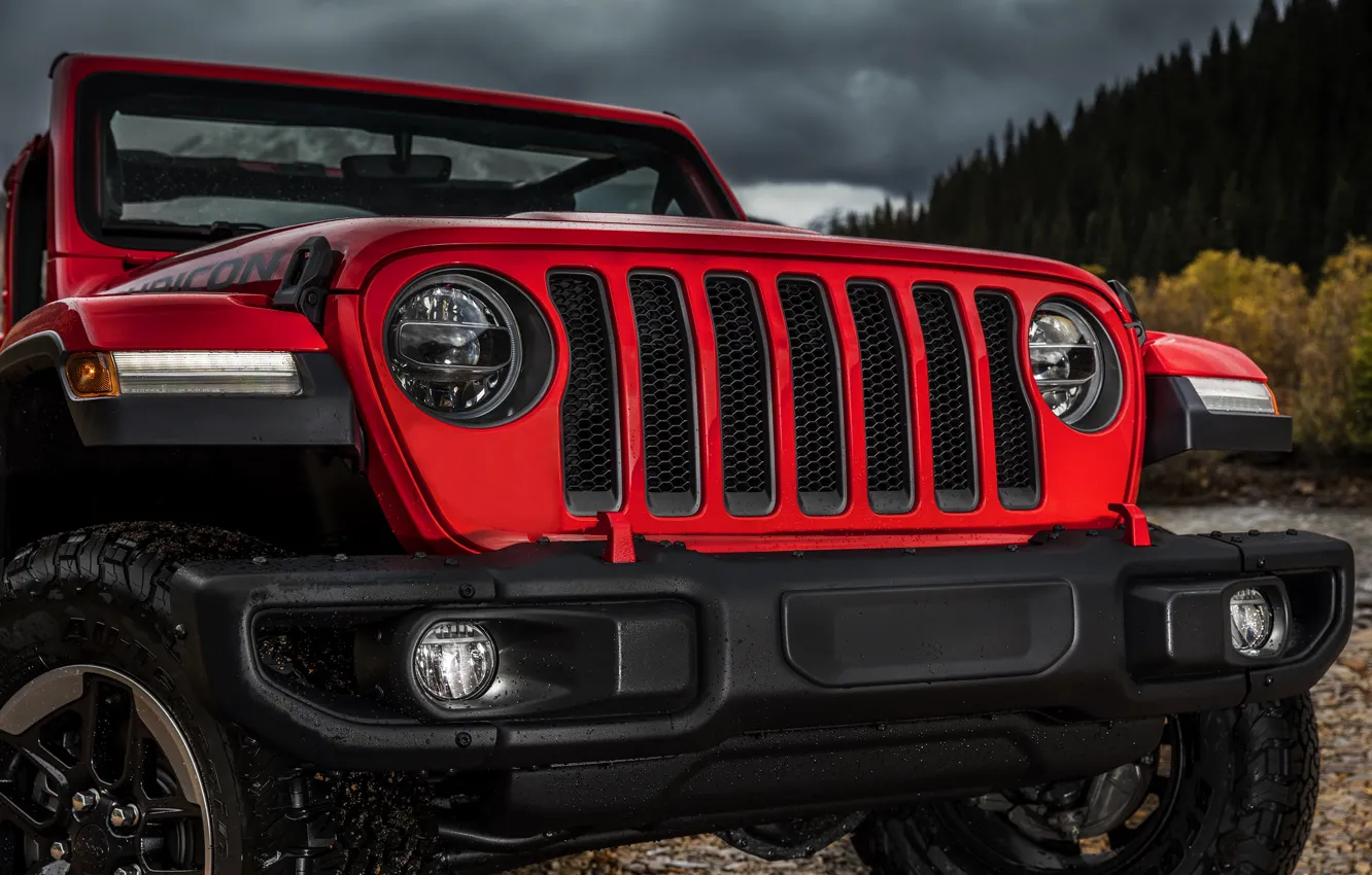 Photo wallpaper red, lights, the hood, grille, bumper, the front, 2018, Jeep