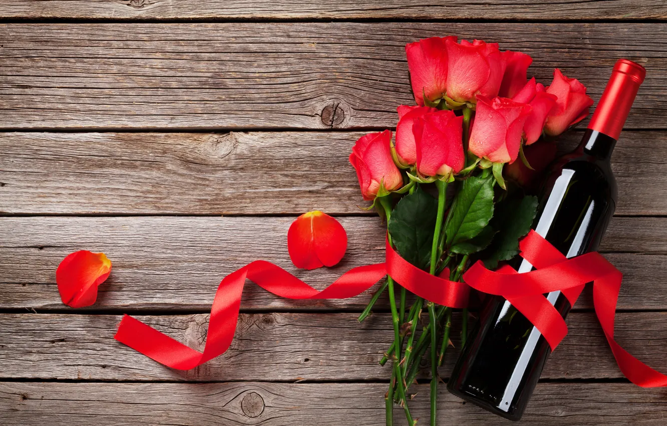 Photo wallpaper love, flowers, wine, romance, bottle, roses, petals, tape