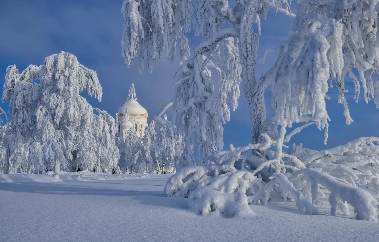 Photo wallpaper winter, snow, trees, frost, the snow, temple, Russia, the dome