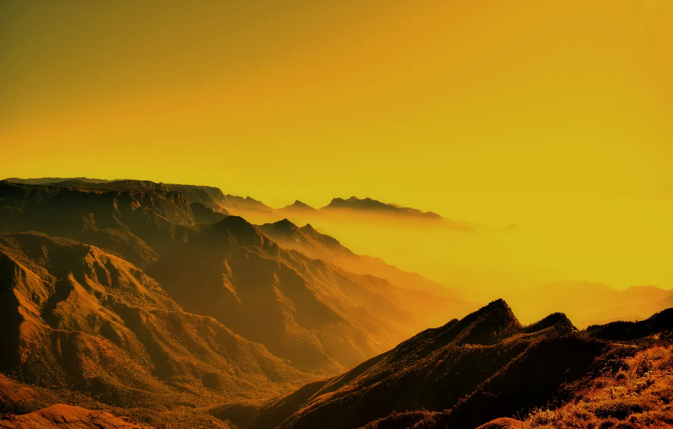 Photo wallpaper landscape, sunset, nature, fog, Tamil Nadu, Misapulimala