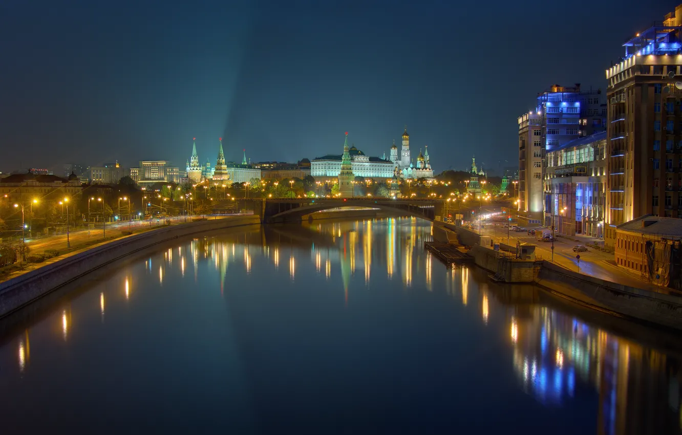 Photo wallpaper the city, lights, river, building, the evening, lights, Moscow, tower