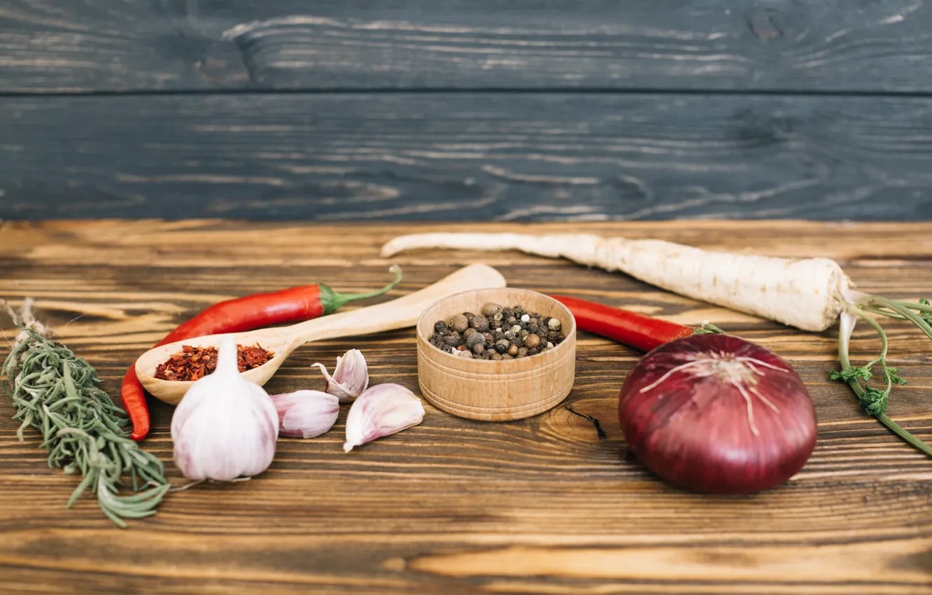 Photo wallpaper bow, vegetables, spices, garlic, celery