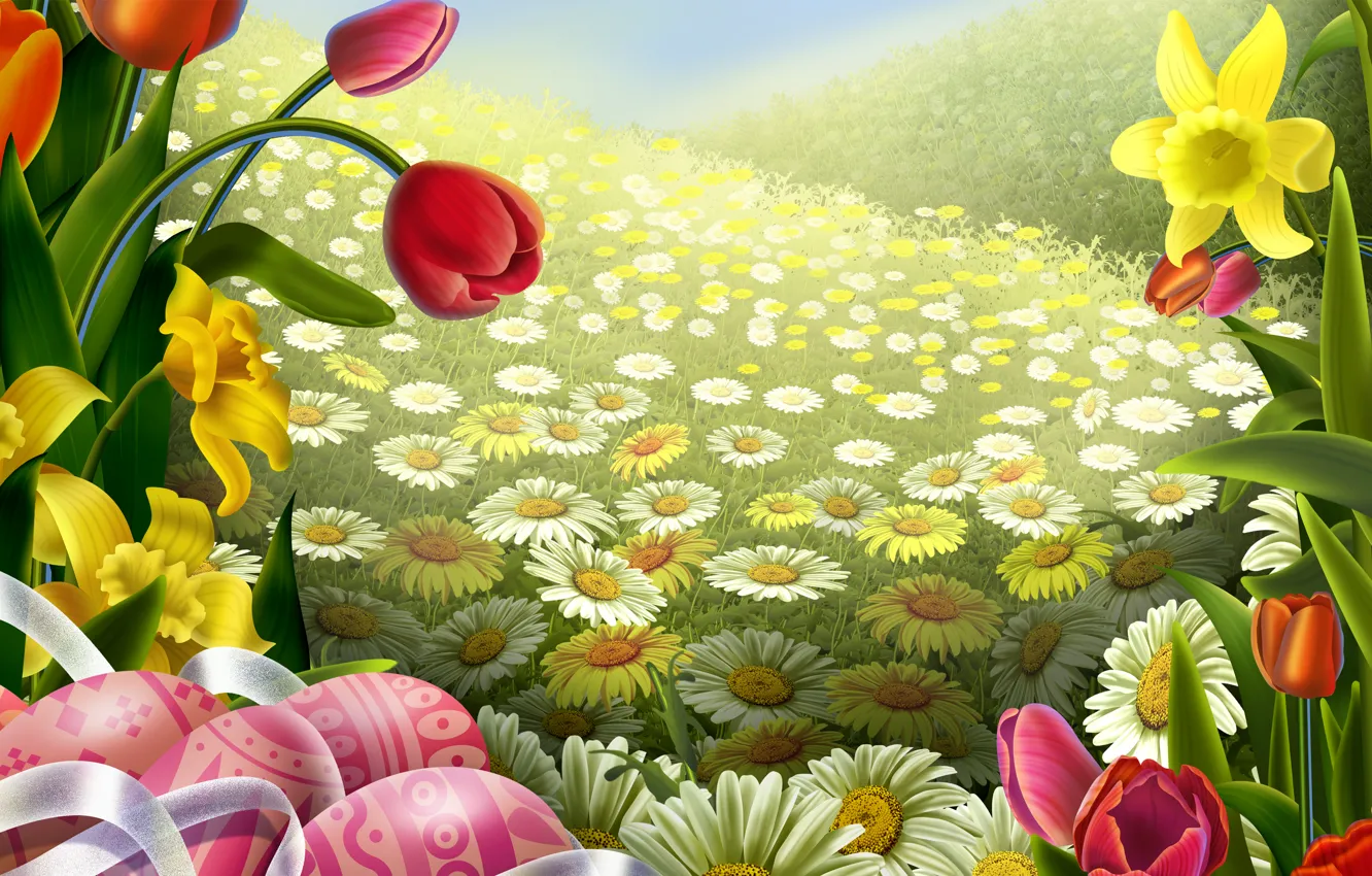 Photo wallpaper field, eggs, tulips, Easter, Chamomile