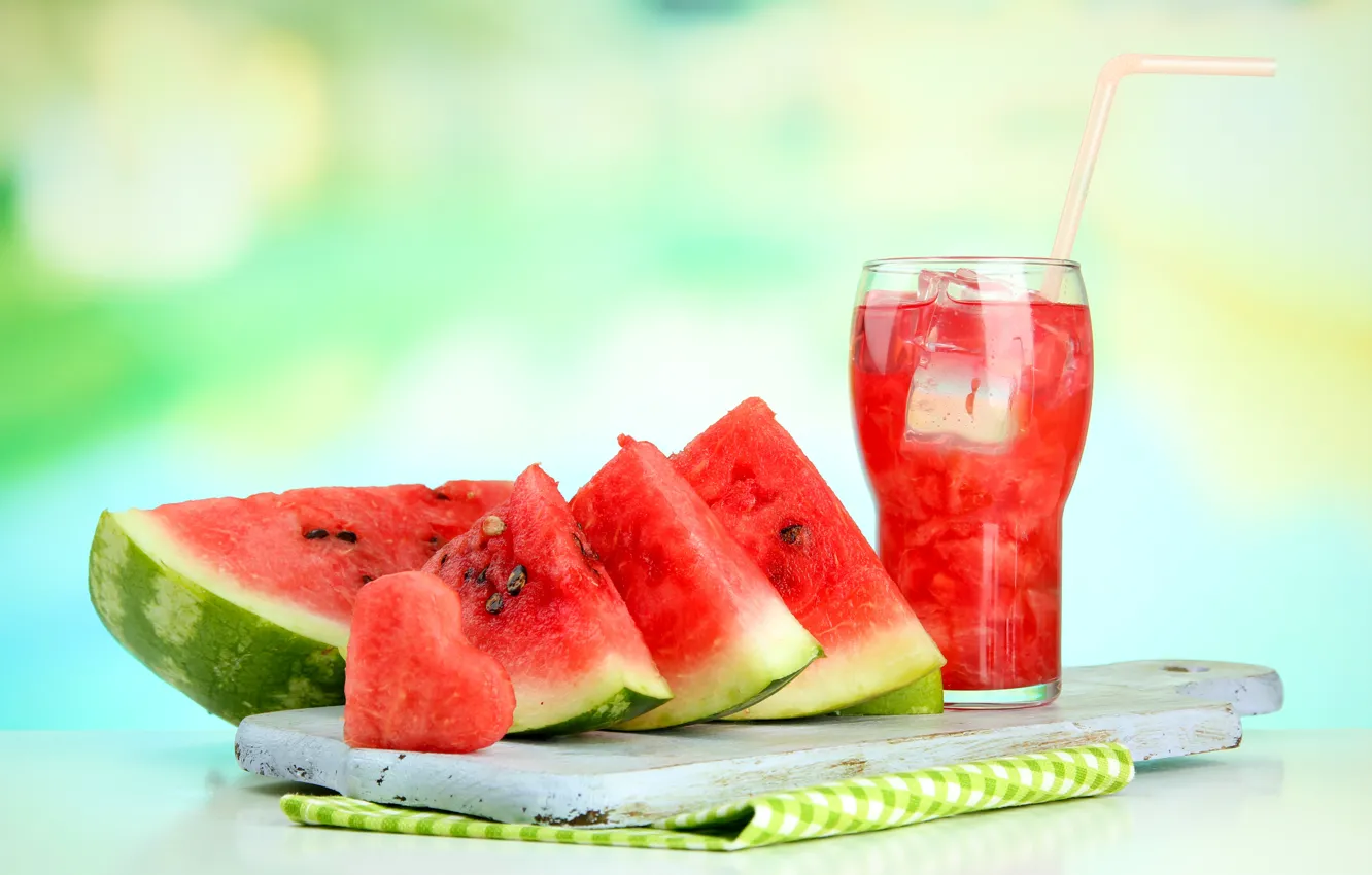 Photo wallpaper red, glass, Board, watermelon, juice, hearts, napkin, bokeh