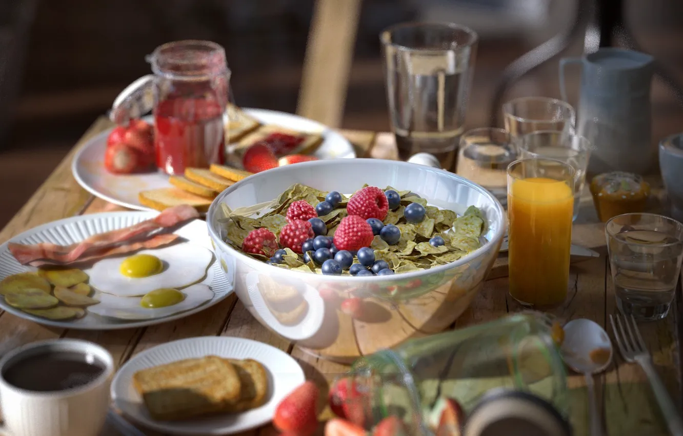Photo wallpaper raspberry, table, food, dishes, TIME FOR BREAKFAST