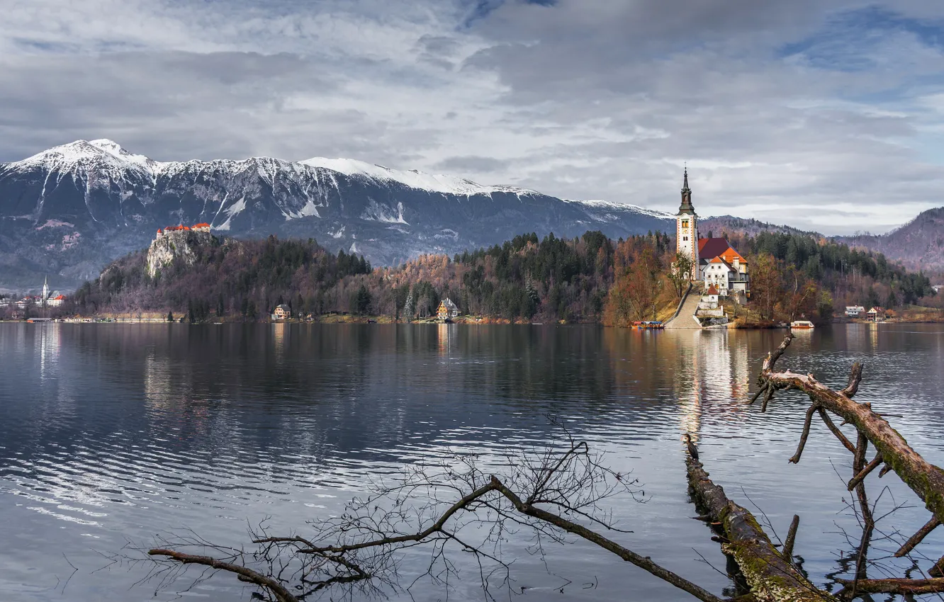 Photo wallpaper mountains, Austria, Church, pond