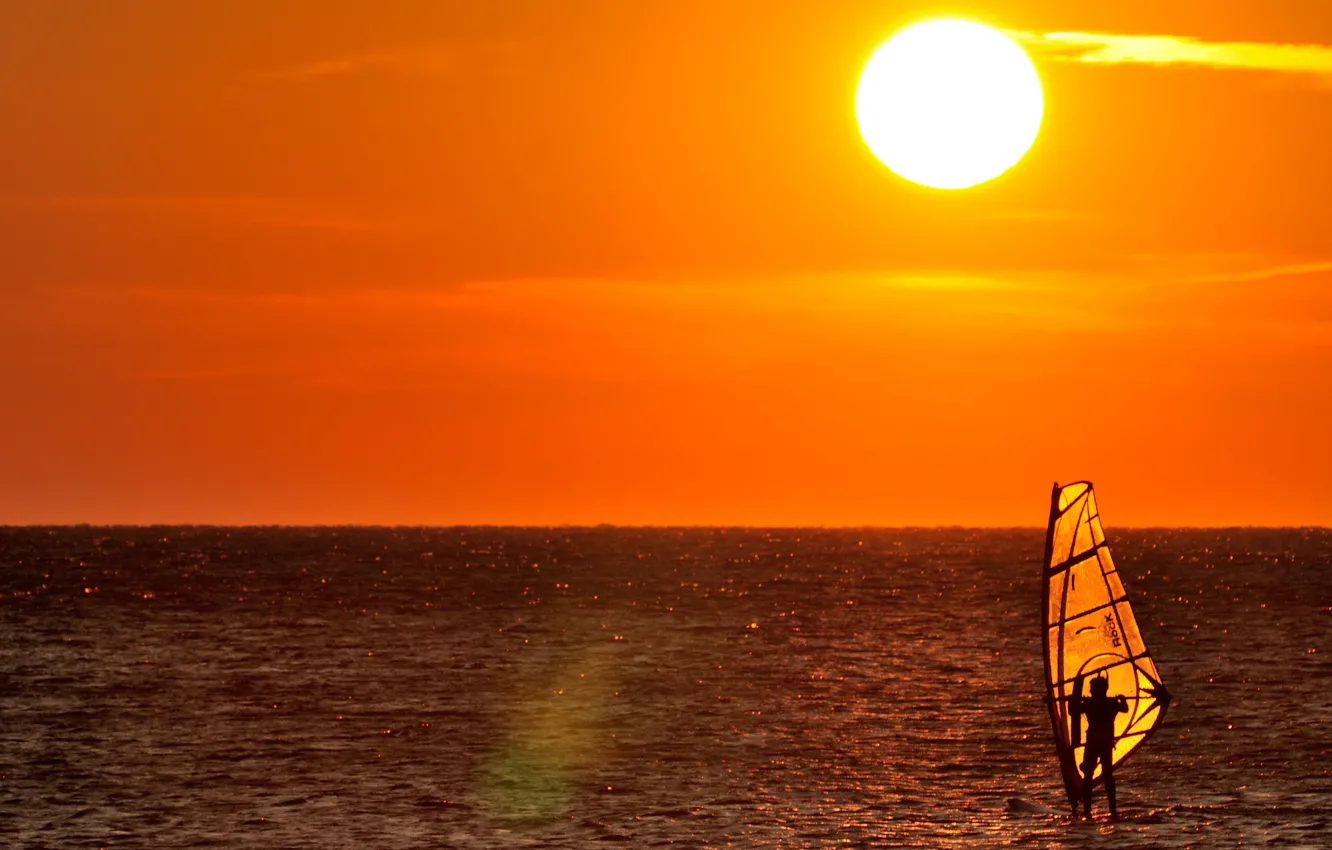 Photo wallpaper sea, sunset, yellow, horizon, male, adventure, solar, Windsurfing