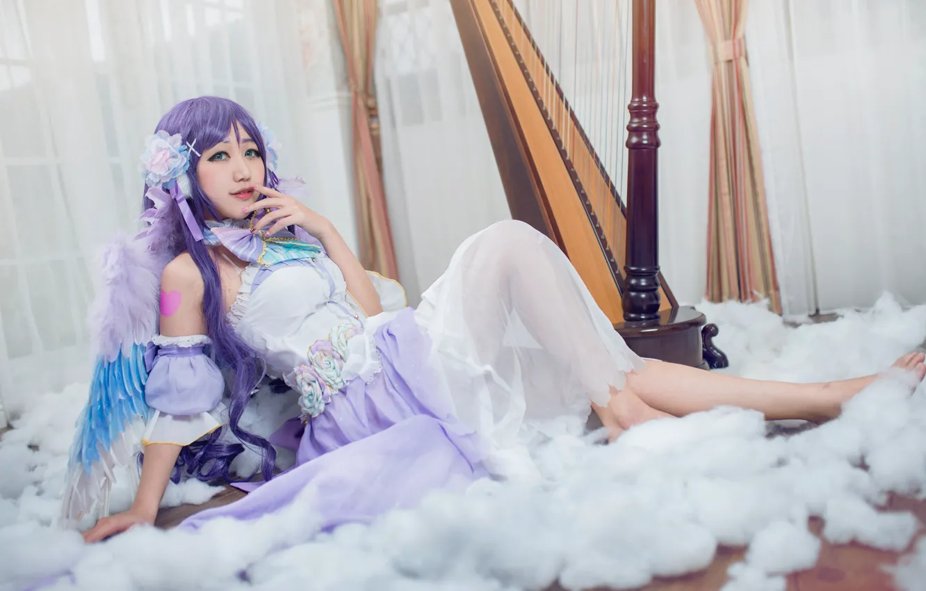 Photo wallpaper look, girl, flowers, pose, style, background, room, bird