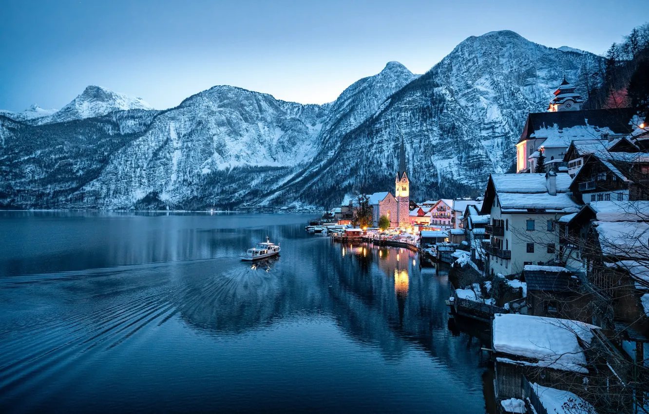 Photo wallpaper winter, snow, mountains, the city, lights, reflection, blue, shore