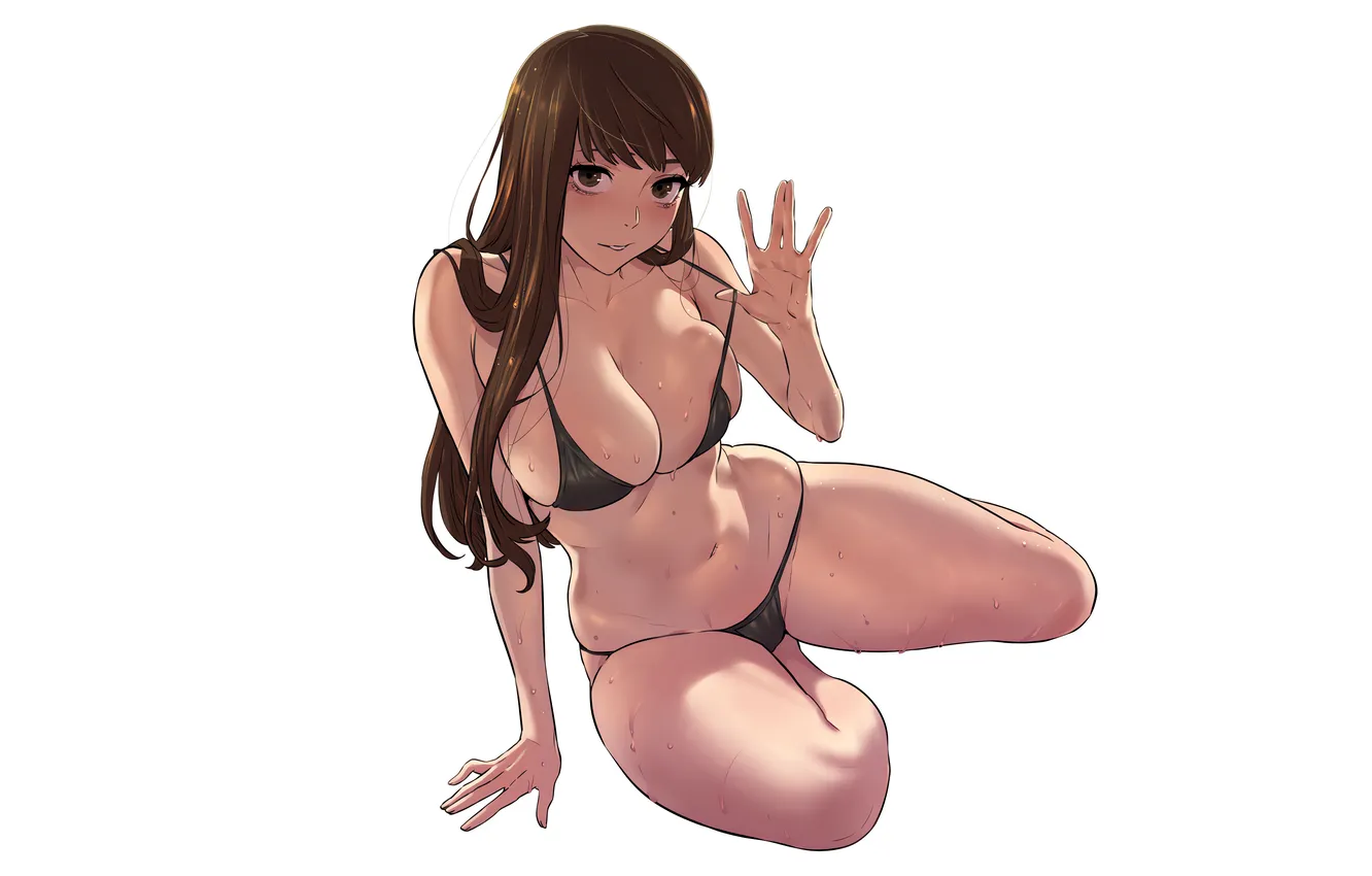 Photo wallpaper girl, sexy, wet, cleavage, long hair, legs, brown hair, brown eyes