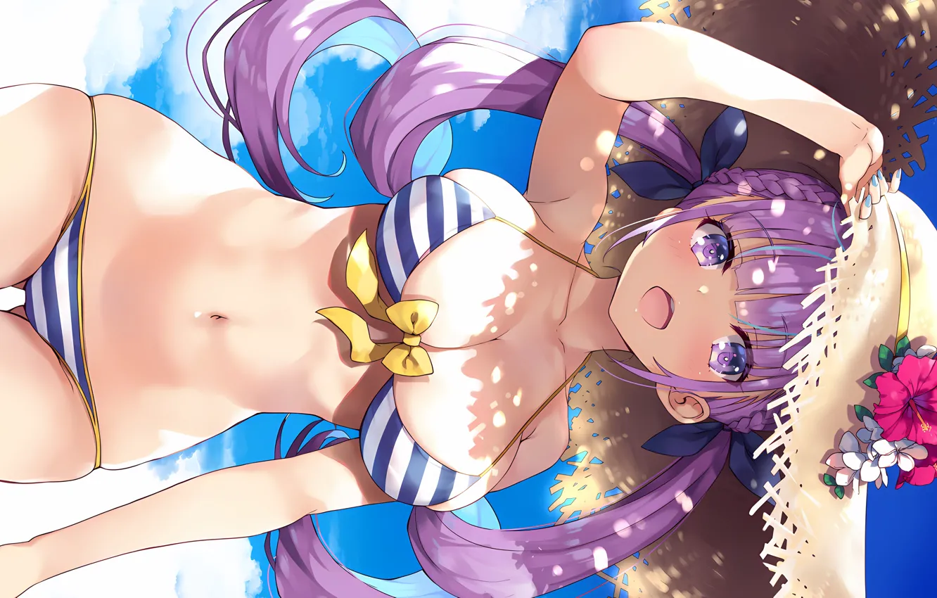 Photo wallpaper girl, sexy, cleavage, long hair, boobs, anime, flowers, beautiful