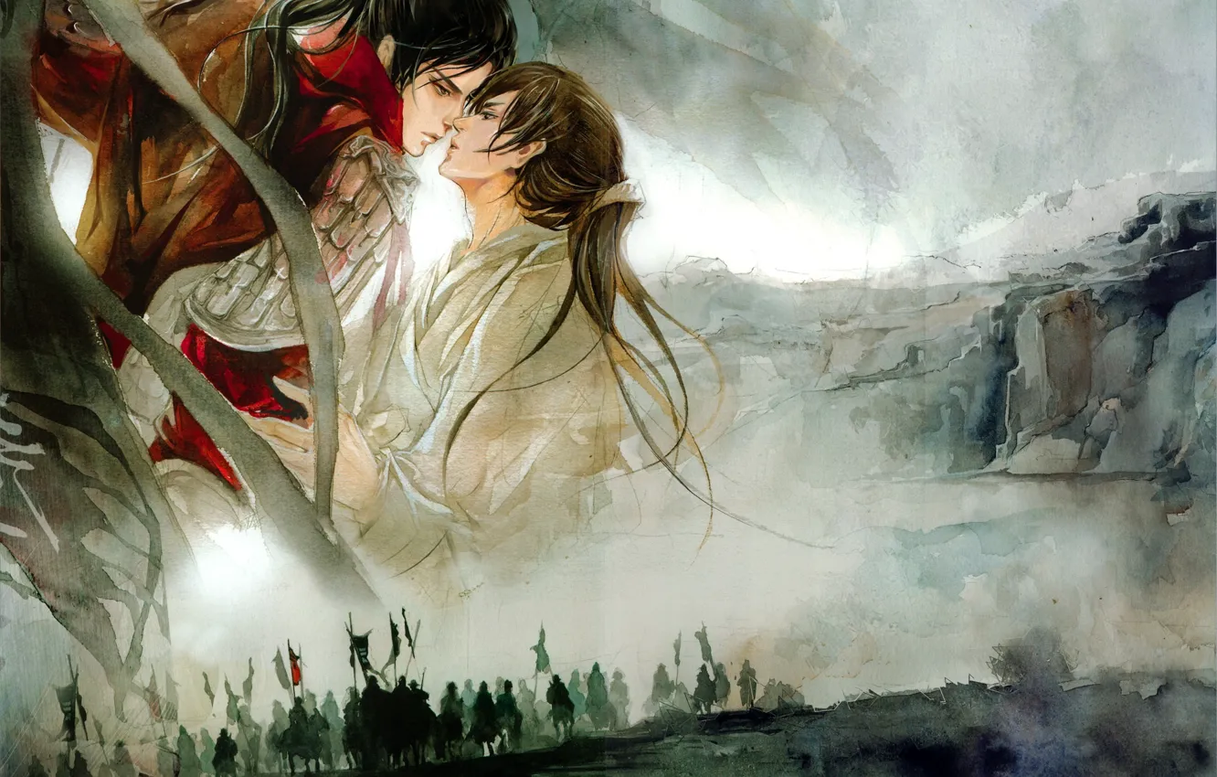 Photo wallpaper fog, figure, army, armor, watercolor, guy, long hair, art
