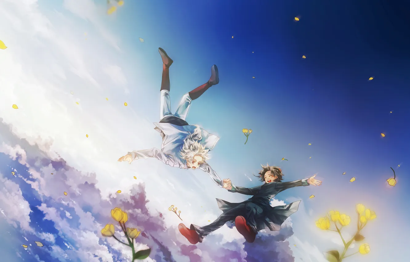 Photo wallpaper the sky, clouds, flight, flowers, art, guy, source request, asano moi