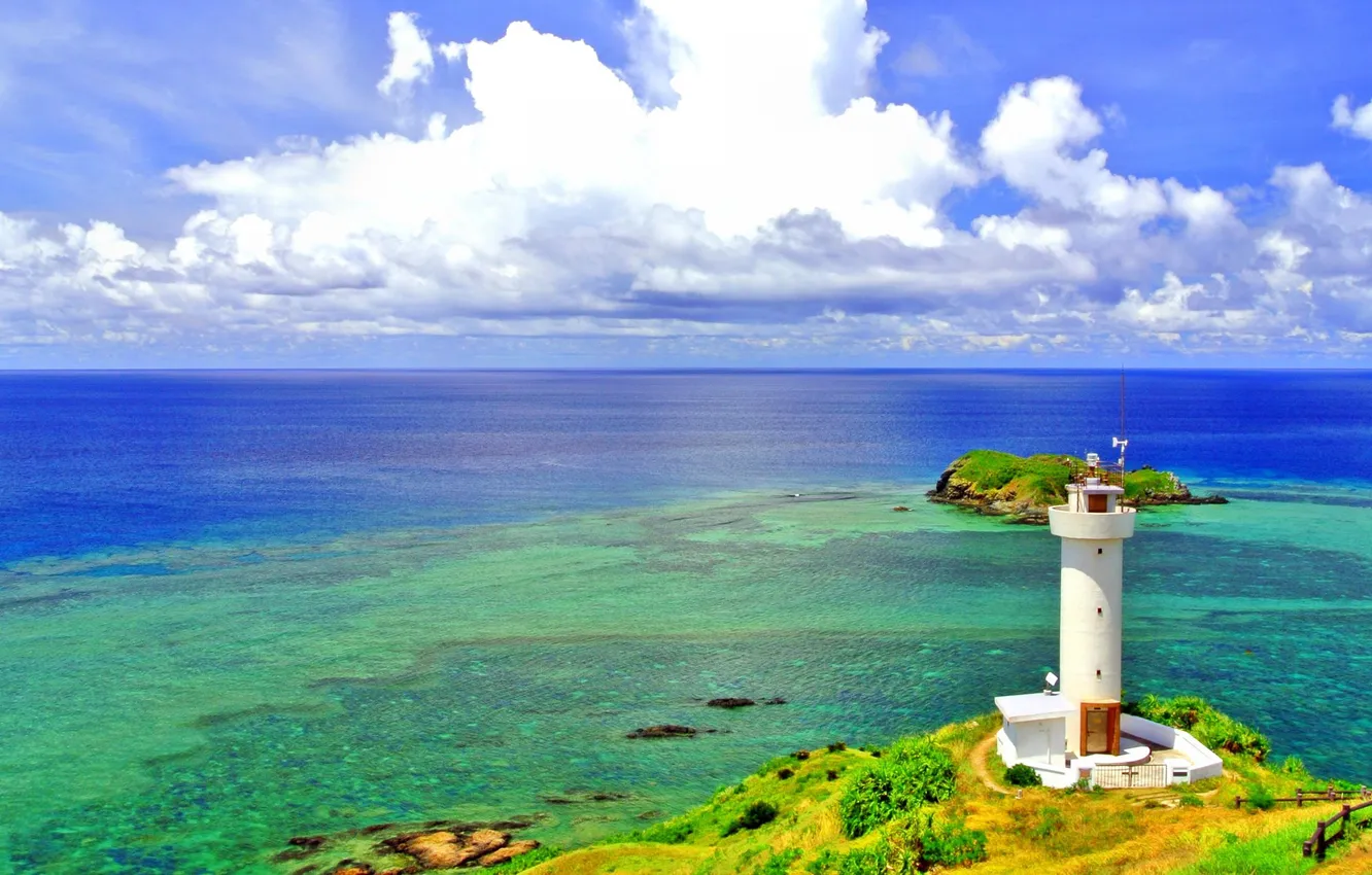 Photo wallpaper sea, the sky, clouds, the ocean, lighthouse, dal, horizon