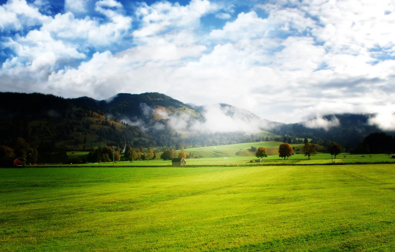 Photo wallpaper field, grass, clouds, mountains, nature