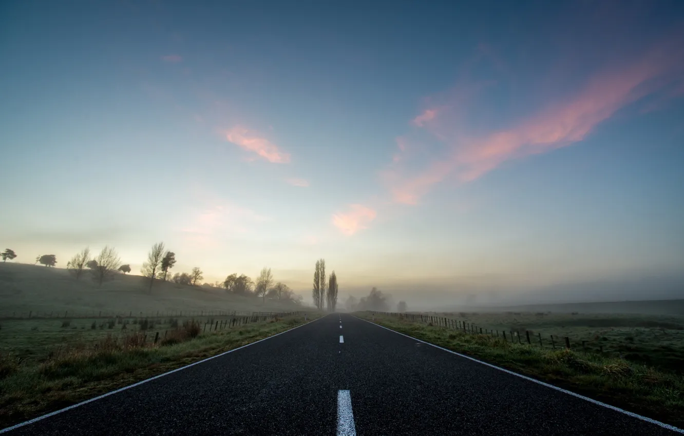 Photo wallpaper road, landscape, fog, morning