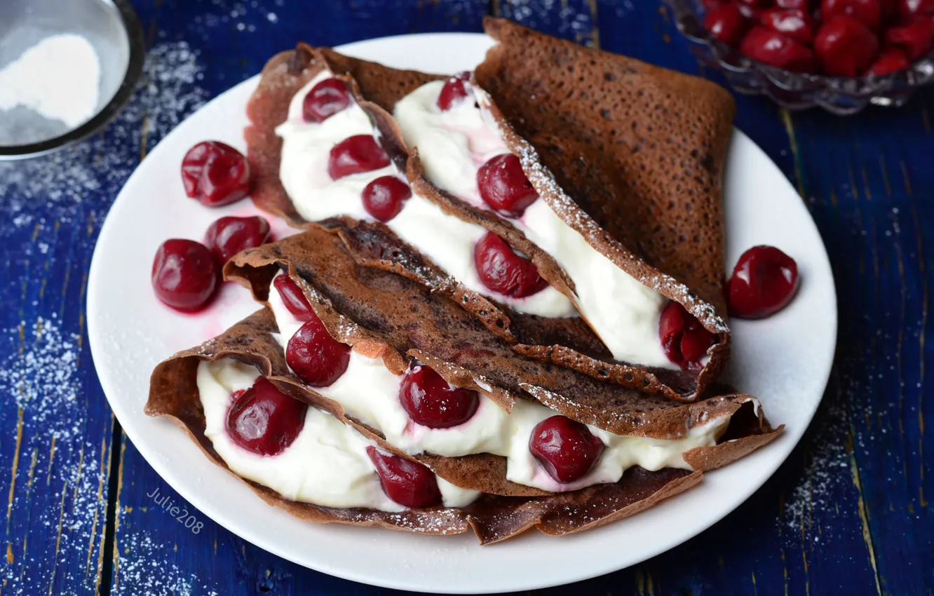 Photo wallpaper cherry, pancakes, cream, chocolate, envelopes